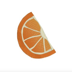 May include: A single slice of orange, embroidered in orange and white thread, with a detailed depiction of the orange segments.