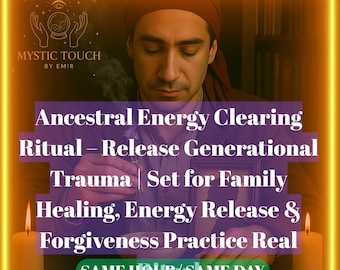 May include: A man with a red turban sits at a table with candles and tarot cards. The text reads "Ancestral Energy Clearing Ritual - Release Generational Trauma | Set for Family Healing, Energy Release & Forgiveness Practice Real. SAME HOUR/SAME DAY Please (read description)"