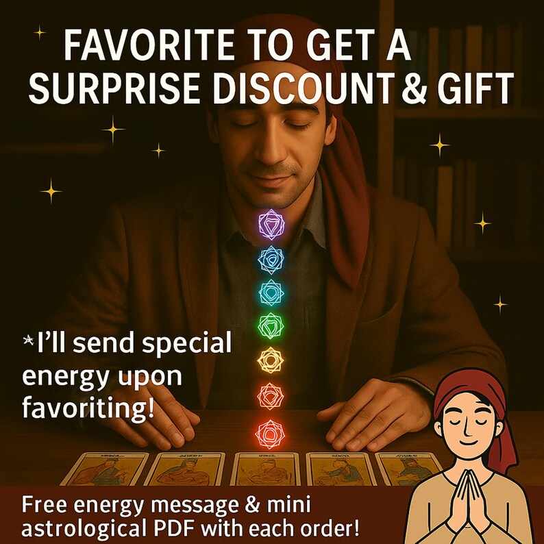 May include: A man wearing a red turban sits at a table with tarot cards spread out in front of him. A glowing rainbow of seven chakras is visible in the centre of the image. The text "FAVORITE TO GET A SURPRISE DISCOUNT & GIFT" is at the top of the image. The text "*I'll send special energy upon favouriting!" is below the chakras. The text "Free energy message & mini astrological PDF with each order!" is at the bottom of the image.