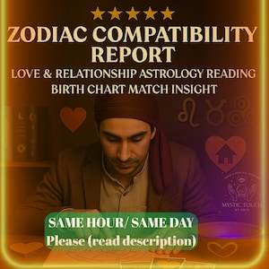 Lectura de compatibilidad zodiacal: guía personalizada de compatibilidad amorosa astrológica, sinastría de la carta natal y conexión emocional / Informe zodiacal en PDF