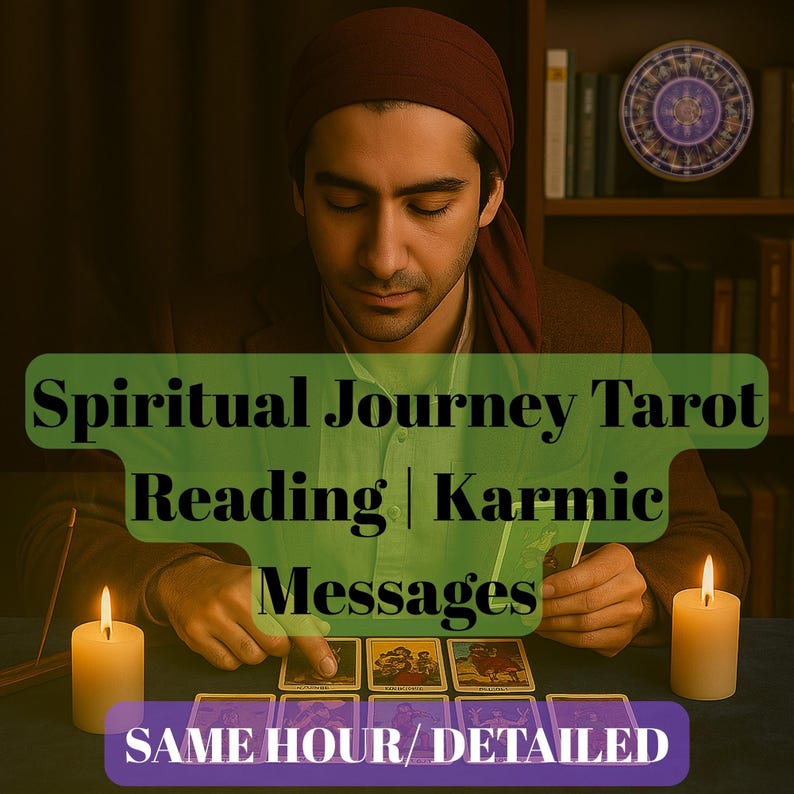 May include: A man wearing a red turban sits at a table with lit candles and spreads out tarot cards. The text above the cards reads "Spiritual Journey Tarot Reading | Karmic Messages".