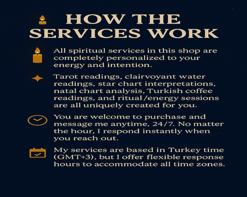 May include: Dark blue graphic with the text "HOW THE SERVICES WORK" in a serif font. The text describes personalized spiritual services, including tarot readings and Turkish coffee readings, available 24/7.