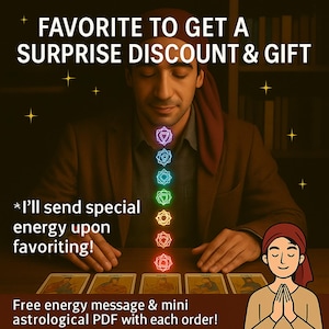 May include: A man wearing a red turban sits at a table with tarot cards spread out in front of him. A glowing rainbow of seven chakras is visible in the center of the image. The text "FAVORITE TO GET A SURPRISE DISCOUNT & GIFT" is at the top of the image. The text "*I'll send special energy upon favoriting!" is below the chakras. The text "Free energy message & mini astrological PDF with each order!" is at the bottom of the image.
