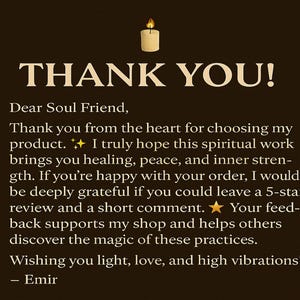 May include: A dark brown background with the words "THANK YOU!" in large, bold, off-white letters. The text below expresses gratitude for choosing a product and encourages a 5-star review. A small candle graphic is at the top.