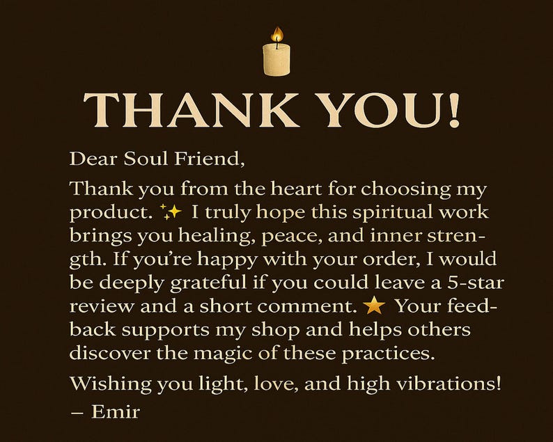 May include: A dark brown background with the words "THANK YOU!" in large, bold, off-white letters. The text below expresses gratitude for choosing a product and encourages a 5-star review. A small candle graphic is at the top.