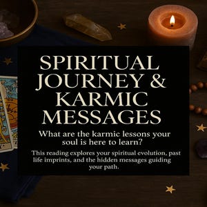 May include: A black card with the text "SPIRITUAL JOURNEY & KARMIC MESSAGES" in white. Below the text is a smaller white text that reads "What are the karmic lessons your soul is here to learn? This reading explores your spiritual evolution, past life imprints, and the hidden messages guiding your path."