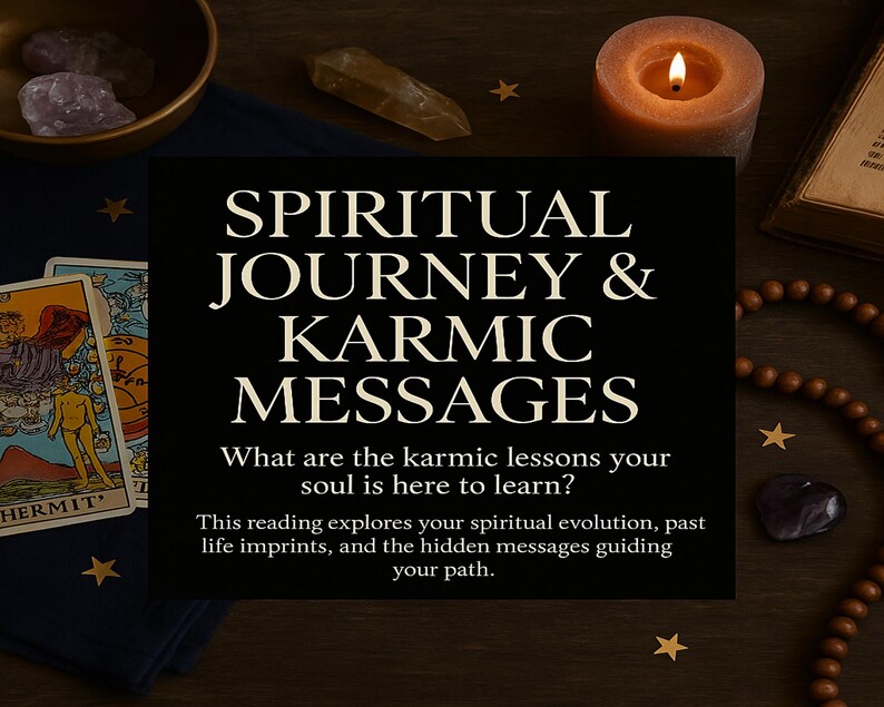 May include: A black card with the text "SPIRITUAL JOURNEY & KARMIC MESSAGES" in white. Below the text is a smaller white text that reads "What are the karmic lessons your soul is here to learn? This reading explores your spiritual evolution, past life imprints, and the hidden messages guiding your path."