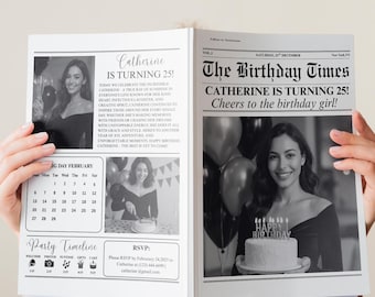Geburtstagszeitung Canva Vorlage, Geburtstagszeitung Vorlage, Geburtstagsprogramm, große Geburtstagszeitung, bearbeitbarer Zeitungszeitplan
