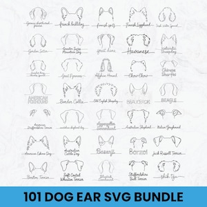 May include: A black and white graphic featuring 101 dog ear designs, each labeled with a breed name. Breeds include French Bulldog, Beagle, and Australian Shepherd. The text "101 DOG EAR SVG BUNDLE" is at the bottom.