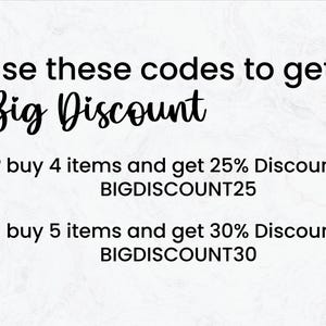 May include: White background with black text promoting a discount. The text reads "Use these codes to get Big Discount." It lists discounts for buying 4 or 5 items, with corresponding codes.
