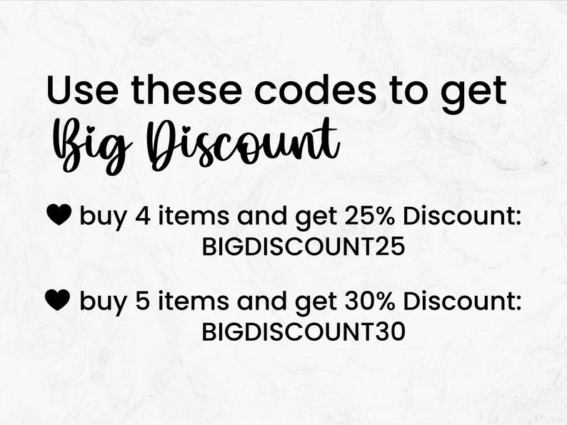 May include: White background with black text promoting a discount. The text reads "Use these codes to get Big Discount." It lists discounts for buying 4 or 5 items, with corresponding codes.
