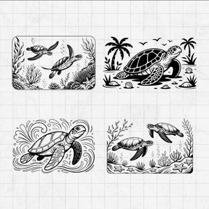 May include: Four black and white illustrations of sea turtles. One shows two turtles swimming in an underwater scene. Another depicts a turtle on a beach with palm trees. The other two show turtles swimming in the ocean.