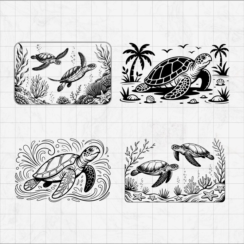 May include: Four black and white illustrations of sea turtles. One shows two turtles swimming in an underwater scene. Another depicts a turtle on a beach with palm trees. The other two show turtles swimming in the ocean.
