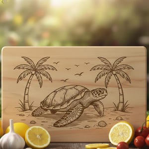 May include: Wooden cutting board with a laser-etched design of a sea turtle, palm trees, and birds. The board is rectangular and made of light-colored wood. The design is detailed and creates a beach scene. The board is surrounded by fresh produce.