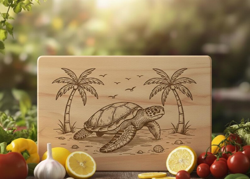 May include: Wooden cutting board with a laser-etched design of a sea turtle, palm trees, and birds. The board is rectangular and made of light-colored wood. The design is detailed and creates a beach scene. The board is surrounded by fresh produce.