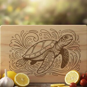 May include: Wooden cutting board with a laser-etched design of a sea turtle swimming in water. The turtle is detailed with a patterned shell and flippers. The board is light brown and surrounded by fresh produce.