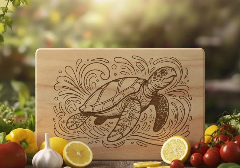 May include: Wooden cutting board with a laser-etched design of a sea turtle swimming in water. The turtle is detailed with a patterned shell and flippers. The board is light brown and surrounded by fresh produce.