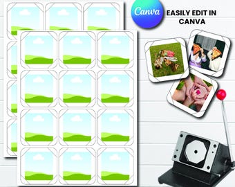 May include: A template bundle for square fridge magnets. The sheet size is 21.6 x 27.9 cm, with each magnet measuring 5.1 x 5.1 cm. The design includes editable frames and the text "Easily edit in Canva."