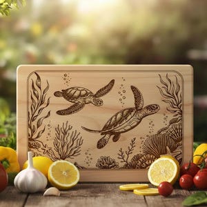 May include: A rectangular wooden cutting board with a laser-etched design of two sea turtles swimming among seaweed and coral. The board is light brown and has rounded corners. The image is surrounded by fresh produce.