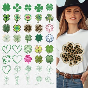 May include: A white t-shirt with a large, embroidered four-leaf clover featuring a leopard print design. The image also showcases various green shamrock designs, including solid, patterned, and outlined versions, perfect for St. Patrick's Day.