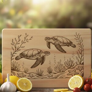 May include: A rectangular wooden cutting board with an engraved design of two sea turtles swimming underwater. The design includes seaweed, bubbles, and starfish. The board is surrounded by fresh produce.