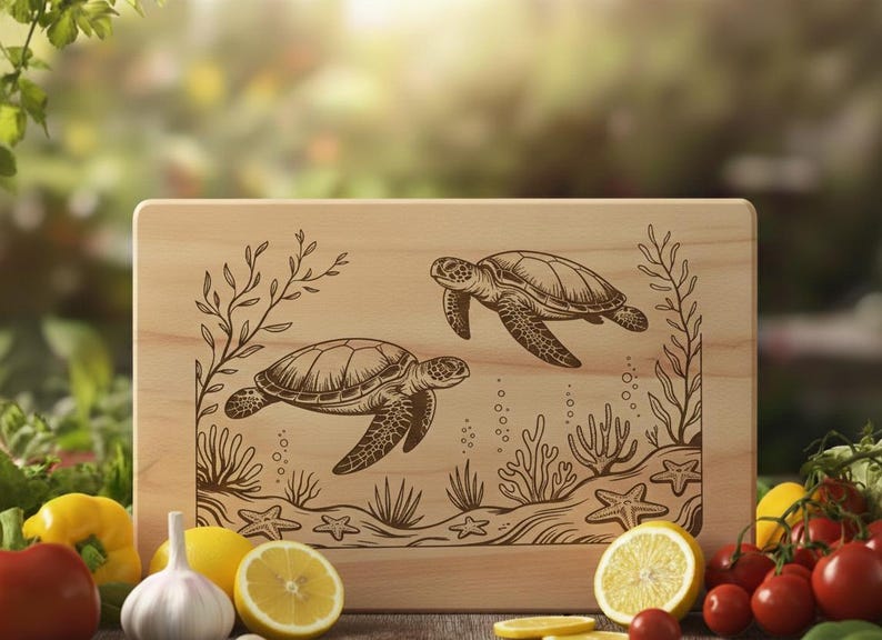 May include: A rectangular wooden cutting board with an engraved design of two sea turtles swimming underwater. The design includes seaweed, bubbles, and starfish. The board is surrounded by fresh produce.