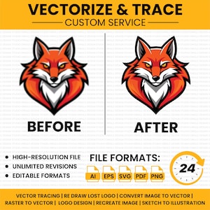 May include: An image advertising a vectorizing and tracing service, with a before-and-after comparison of a fox logo. The text reads "Vectorize & Trace - Custom Service," along with file formats and service features. The image also includes a 24-hour clock.