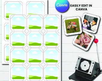 Può includere: Un pacchetto di modelli per calamite quadrate per frigorifero. L'immagine mostra un foglio di calamite vuote, foto di esempio e una macchina per realizzare calamite. Il testo include "Canva" e "Easily edit in Canva". Formato foglio: 8,5x11 pollici, calamite: 5,08cm x 5,08cm e 6,35cm x 6,35cm.
