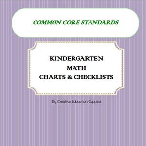 May include: A purple and white striped background with a title that reads "Common Core Standards Kindergarten Math Charts & Checklists" in a white rectangle with a gold border. The text "By Creative Education Supplies" is below the title. Three red apple silhouettes are at the bottom of the image.