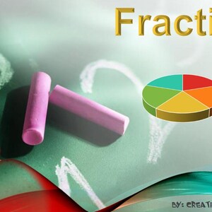 May include: A colorful presentation slide with the title "Making Fractions Work" and a pie chart divided into fifths. The text below the title says "Working with a pie to show: 1 whole, halves, fifths, and tenths." The slide also features a green chalkboard with pink chalk sticks and white chalk markings.