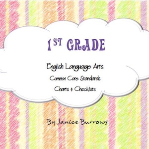 May include: A colorful striped background with a white cloud shape containing the text "1st GRADE" in purple, "English Language Arts", "Common Core Standards", "Charts & Checklists", and "By Janice Burrows".