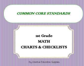Könnte beinhalten: Lila und grüner gestreifter Hintergrund mit einer weißen ovalen Form, die den Text "COMMON CORE STANDARDS" in grün enthält. Ein weißes Rechteck mit goldener Umrandung enthält den Text "1st Grade MATH CHARTS & CHECKLISTS" in schwarz. Der Text "By Creative Education Supplies" befindet sich am unteren Rand des Rechtecks.