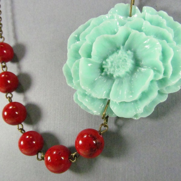 Flower Necklace, Light Blue Cabbage Rose, Bright Red Beads, Brass Swallow, Bridesmaid - 0069