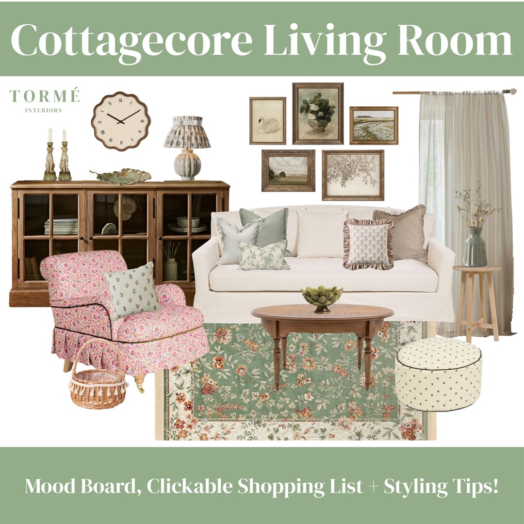 Cottagecore Inspired Living Room Design Package | Mood Board, Clickable ...