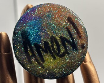 Iridescent “Amen!” Resin Phone Grip – Glittery Multicolor Spiritual Accessory