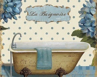 May include: A decorative wall art print featuring a clawfoot bathtub with a blue towel draped over the side. The background has a cream and blue polka dot pattern, blue hydrangea flowers, and a sign with the text La Baignoire and POST CA.