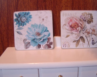 Pair of Miniature Dollhouse Floral Pictures One Inch Scale 1:12