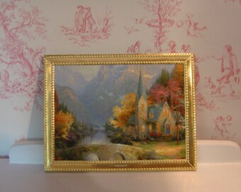 Framed Wall Hanging *Thomas Kinkade Mountain Chapel* miniature dollhouse one inch scale 1:12