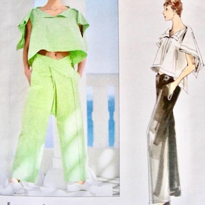 Pode incluir: Padrão Vogue com um design de Issey Miyake. A imagem mostra um traje verde limão e um esboço de um traje semelhante. O número do padrão é 2314, tamanho M. O logotipo da Vogue é visível.