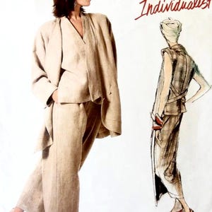 May include: Vogue Patterns Individualist sewing pattern featuring a beige linen suit with a jacket, top, and wide-leg pants. The illustration shows a woman wearing the suit and a sketch of a similar outfit. The pattern is by Issey Miyake.