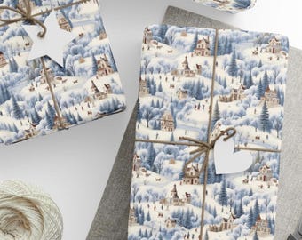 Snowy Village Wrapping Paper, Holiday Winter Village Gift Wrap, Snow Village Christmas Gift Wrap, Seasonal Winter paper, Holiday Decor