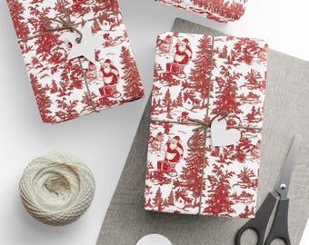 Red and White Toile Christmas Gift Wrap, Vintage Style Holiday Gift Wrap, Beautiful Wrapping Paper for Presents, Festive gift wrap