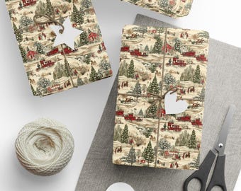 Vintage Christmas Village Gift Wrap, Rustic Holiday Wrapping Paper, Nostalgic Christmas gift wrap, Gift Wrap Roll, Old Fashioned Xmas Wrap