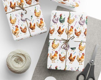 May include: Gift wrap featuring a repeating pattern of watercolor chickens wearing party hats and surrounded by confetti. The wrapped gifts are tied with twine and have blank tags. A ball of twine, scissors, and blank tags are also visible.