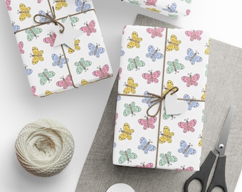 Butterfly Wrapping Paper, Hand Drawn Watercolor Butterflies Gift Wrap, Pastel Pattern, Gift Wrap Set, Gift Paper,  Colorful Butterfly Paper