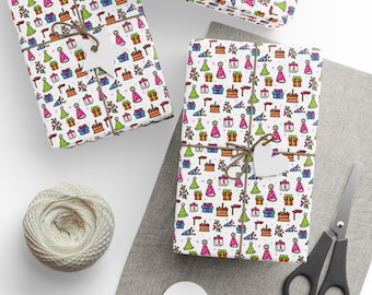 Kleurrijke retro verjaardagscadeaupapier, inpakpapier voor verjaardag, cadeaupapier voor feest, decoratie happy birthday, benodigdheden voor inpakken verjaardagscadeau