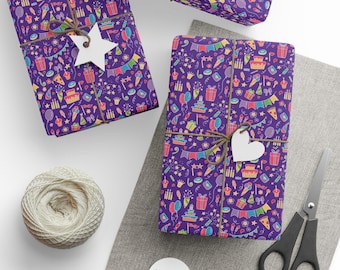 Colorful Birthday Party Gift Wrap, Birthday Wrapping Paper, Purple Festive Birthday Gift wrap, Birthday Paper, Purple festive Gift wrap