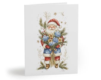 Puede incluir: Tarjeta de Navidad con una ilustración en acuarela de Papá Noel. Sostiene un ramo de flores azules y amarillas y vegetación. Papá Noel viste gorro, abrigo y botas rojas, con chaleco azul. Fondo blanco.
