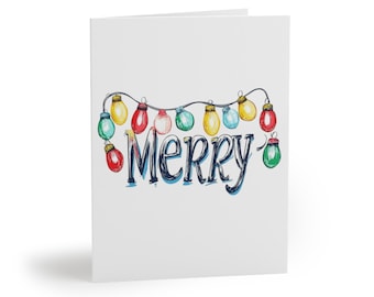 Greeting Card Set, Christmas Card with Word Merry and Christmas Lights, Holiday Cards, Festive Greeting Cards, Merry Christmas Stationery,