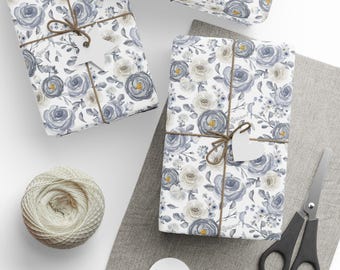 Papel de regalo floral, papel de regalo gris azulado para bodas, papel de regalo para compromiso, papel de regalo floral, papel floral para bodas, papel para despedida de soltera